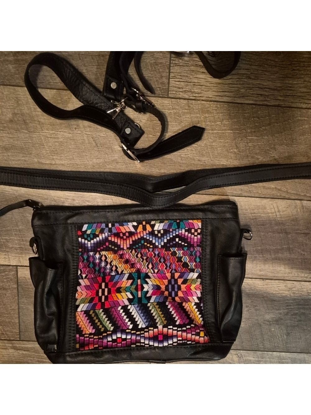 Colorful Patterned Black Leather Women's Bag